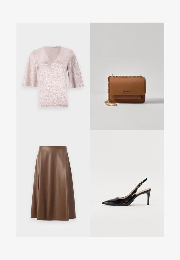 Haut rose à manches courtes avec un col en V, présentant une surface texturée et des détails scintillants. Le tissu a une finition métallique et brillante.; Jupe A-line en cuir marron avec une texture lisse et un ourlet mi-long. Présente une taille ajustée et une légère évasement depuis les hanches.; Pompe slingback en cuir verni noir avec un bout pointu, un talon fin et un design de découpes subtil. Elle dispose d'une boucle dorée sur la sangle.; Sac en cuir texturé marron en bandoulière avec une sangle en chaîne dorée et une fermeture à rabat. L'avant présente un détail de logo et une poche sous le rabat.