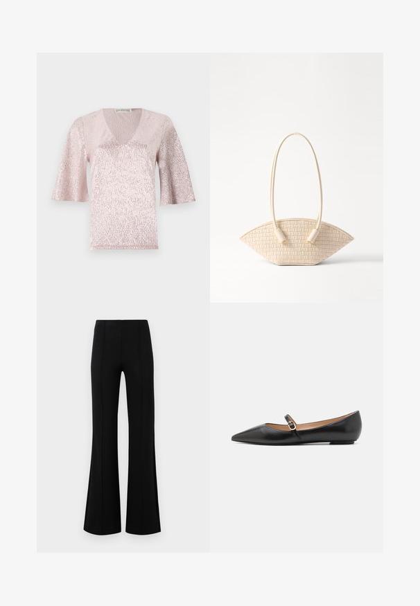 Rózsaszín, rövid ujjú, V nyakú felső, texturált felülettel és csillogó részletekkel. Az anyaga fényes, fémes hatású.; Fekete, flared nadrág magas derékkal, rugalmas anyagból készült. Elölnézetén függőleges varrásokkal rendelkezik, sima textúrával.; Fekete bőr balettlapok hegyes orral és oldalsó pánttal, amelyen egy kör alakú arany dísz található. Könnyű, lapos talpú.; Szőtt bézs kézitáska egyedi ívelt formával, két textúrált fogantyúval és hengeres fém díszítésekkel.