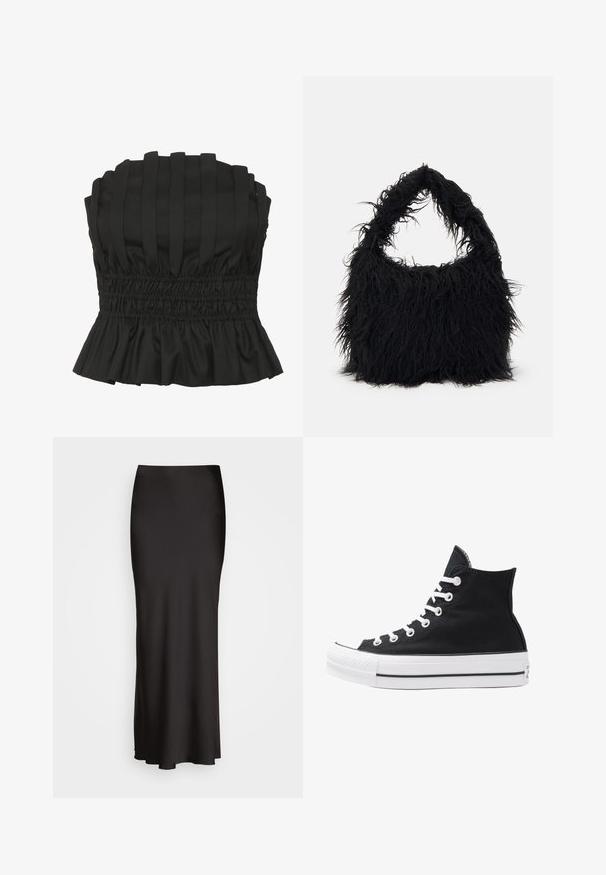 Sort strapless top med vertikale plisseringer, smocket talje og en bølget kant. Lavet af struktureret stof for en tætsiddende silhuet.; Sort, maxiskørt i satin med en glat tekstur, tætsiddende talje og A-formet silhuet, uden synlige udsmykninger eller mønstre.; Højtop sort lærredssko med hvide øjetter, snørebånd og gummisål. Har en tekstureret tåhætte og sorte og hvide stribe-accenter.; Even&Odd Shopping bags - black