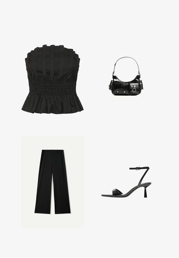 Fekete, pánt nélküli felső, függőleges plisszékkel, ráncolt derékkal és fodros szegéllyel. Texturált anyagból készült, amely az illeszkedő sziluettet hangsúlyozza.; Bershka WIDE - Nadrágok - black; Bershka Magas sarkú szandálok - black; Fekete lakkbőr kézitáska ívelt formával, egy vállpánttal, elülső zsebekkel és ezüstszínű fémrészletekkel.