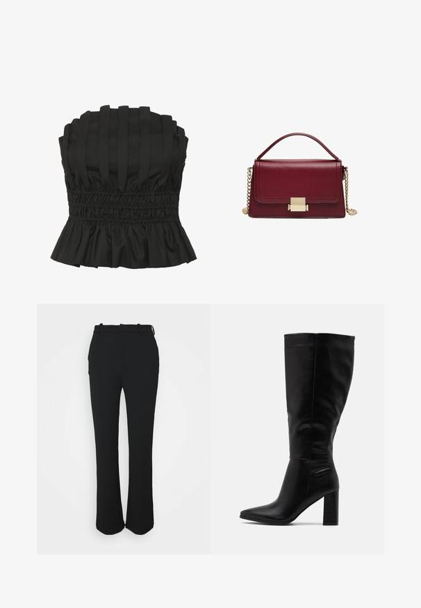 Crna top majica bez naramenica koja se ističe vertikalnim nabranicama, gumiranim strukom i volanastim rubom. Izrađena od teksturiranog materijala za usku siluetu.; Crne, krojene hlače s glatkom završnom obradom, ravnog kroja i remenom. Sadrže diskretne šavove i nemaju džepove.; RAID JORDANN - Čizme s visokom petom - black; Bordo kožna torba s strukturiranim dizajnom, zlatnim metalnim kopčanjem i odvojivom lančanom naramenicom. Glatka tekstura i pravokutni oblik.