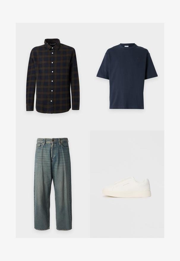 Koszula z długim rękawem w ciemnoniebieskim kolorze z brązowym wzorem w kratę. Wykonana z miękkiej tkaniny, z zapięciem na guziki z przodu i klasycznym kołnierzykiem.; Granatowa koszulka z krótkim rękawem wykonana z bawełny. Posiada okrągły dekolt i subtelne logo na piersi. Prosty krój bez wzorów.; Jasnoniebieskie dżinsy o luźnym kroju, średnim stanie i prostych nogawkach. Posiadają pięć kieszeni, szlufki na pasek oraz zapięcie na guzik.; Białe sneakersy wsuwane z teksturowanej powierzchni, grubą podeszwą i minimalistycznym designem. Zawierają logo marki z boku.