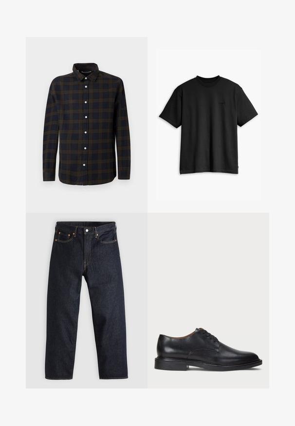 Langärmeliges Hemd in Dunkelblau mit braunem Karomuster. Aus weichem Stoff gefertigt, mit durchgehender Knopfleiste und klassischem Kragen.; Schwarzes Baumwoll-T-Shirt mit rundem Halsausschnitt und kurzen Ärmeln. Verfügt über ein dezentes Logo auf der Vorderseite und einen geraden Saum. Einfaches und minimalistisches Design.; Dunkelblaue Jeans aus Denim mit geradem Schnitt, fünf Taschen, kontrastierenden orangen Nähten und einem Knopfverschluss. Keine sichtbaren Muster oder Verzierungen.; Schwarze Lederdressschuhe mit runder Zehenform, Schnürdesign und niedrigem gestapeltem Absatz. Glatte Textur mit minimalen Nähten.