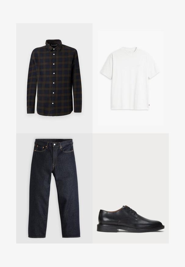 Duga košulja dugih rukava u tamnoplavoj boji s smešastim kariranim uzorkom. Izrađena od mekanog materijala, sa dugmadima napred i klasičnim ovratnikom.; Bijela pamučna majica kratkih rukava, s okruglim izrezom i suptilnim "Levi's" logotipom u svijetloj boji na prednjoj strani.; Tamno plave traperice ravnog kroja, s pet džepova, kontrastnim narančastim šavovima i dugmetom za zatvaranje. Nema vidljivih uzoraka ili ukrasa.; Crne kožne cipele s okruglim vrhom, vezanjem i niskim stogom. Glatka tekstura s minimalnim šavovima.