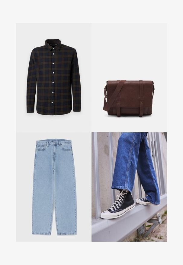 Camisa de manga larga en azul oscuro con patrón de cuadros marrones. Hecha de tela suave, cuenta con un cierre de botones en la parte delantera y un cuello clásico.; Jean de mezclilla azul claro con diseño de pierna recta, con una cintura de altura media, cinco bolsillos y un cierre de botón y cremallera.; Zapatillas de deporte negras de caña alta con suela y cordones blancos, combinadas con unos vaqueros de denim azul holgados, apoyadas en una barandilla gris.; Bandolera de cuero marrón con una tapa frontal plana, dos correas, detalles en metal dorado y una correa para el hombro ajustable.