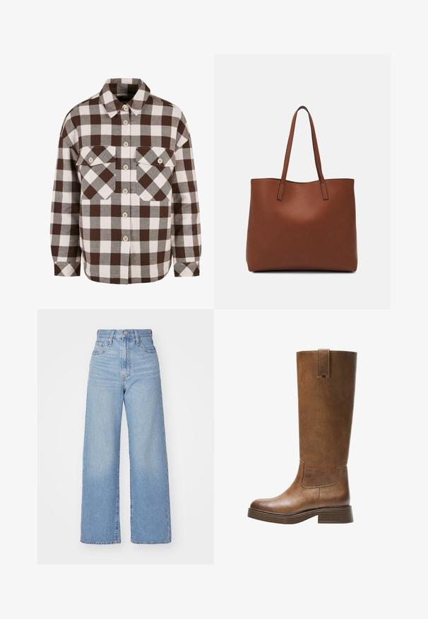 Barna és fehér kockás gombos ing, két mellzsebbel, klasszikus gallérral és gombos elülső résszel. Puha szövettextúra.; Világoskék, magas derekú, bő szárú farmernadrág, elülső gombbal és cipzárral, elülső és hátsó zsebekkel, fehér háttérrel.; Barna bőr, térd fölé érő csizma kerek orral, texturált felülettel és alacsony, stakolt sarokkal. Oldalsó panel és húzóhurok található a tetején.; Barna bőr vászontáska sima textúrával, nyitott tetejű dizájnnal és két vállpánttal. Minimális varrással és látható hardver nélkül készült.