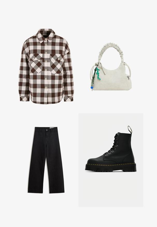 Brown and white plaid button-up shirt with two chest pockets, featuring a classic collar, and button-down front. Soft fabric texture.; Black wide-leg denim pants with a high waist, featuring front and back pockets, stitched seams, and a button closure. Smooth texture.; Black leather lace-up ankle boots with a chunky textured rubber sole and yellow stitching detail around the platform.; Off-white faux leather handbag with ruched handle, zip pocket, and green charm. Smooth texture, understated embossed logo, and sleek design.