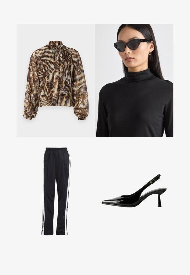 Harmaa läpinäkyvä paita, jossa on sidottava kaulus ja abstrakti eläinkuos. Pitkät hihat, joissa on kerätty hihansuu, löysä istuvuus ja pehmeä materiaali.; Mustaa lyhythihainen neulepaita pyöreällä pääntiellä. Ominaisuuksina sileä pinta ja yksinkertainen muotoilu. Tunnus näkyvissä kaula-aukossa.; Mustat urheiluhousut valkoisilla sivupinnoilla, joustava vyötärö ja logopainatus. Valmistettu sileästä, kevyestä kankaasta. Suora lahkeiden muoto.; Musta lakattu nahkasaapas, jossa on teräväkärkinen malli, leikattuja sivuja, säädettävä nilkkain ja ohut, virtaviivainen korko.; Musta kissa-silmälasit tummilla linsseillä, teksturoituneet mustat kehykset ja hienovaraiset kimalluskoristeet. Mallilla on päällään musta poolopaita.; Kultainen digitaalikello, jossa on suorakulmainen näyttö, LCD-näyttö, ruostumattomasta teräksestä valmistettu ranneke ja sivuilla olevat painikkeet. Varustettu vedenkestävä etiketti.