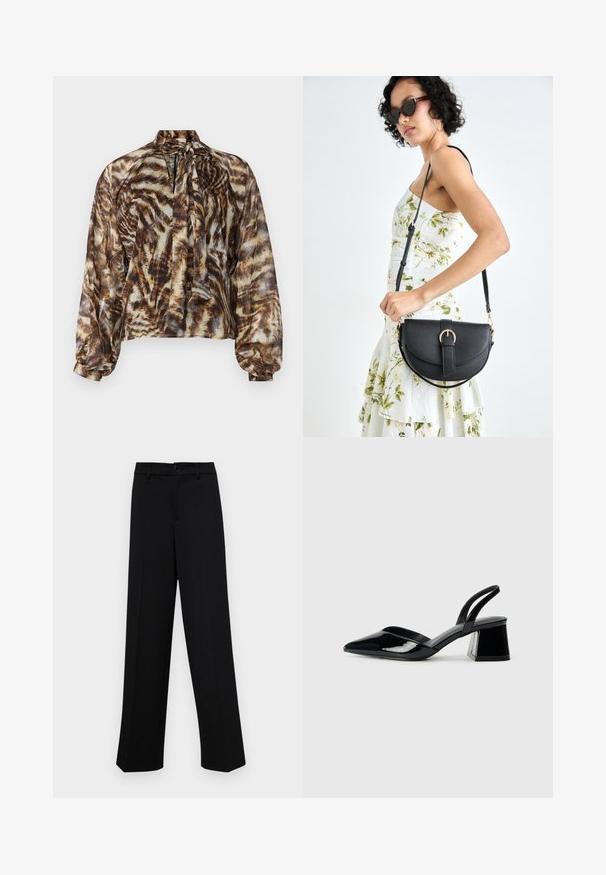 Blusa marrón transparente con cuello de lazo, que presenta un patrón abstracto de estampado animal. Mangas largas con puños fruncidos, corte amplio y textura suave.; Pantalones de pierna ancha negros, hechos de un tejido suave, con una cintura clásica que incluye un cierre de botón y pliegues frontales.; Zapatos de tacón slingback de charol negro con punta afilada y tacón geométrico en bloque. Presentan un diseño elegante y minimalista, así como una textura suave.; Bolso de piel negra con forma curva, correa desmontable y herrajes dorados. El bolso cuenta con una solapa con un detalle de hebilla.