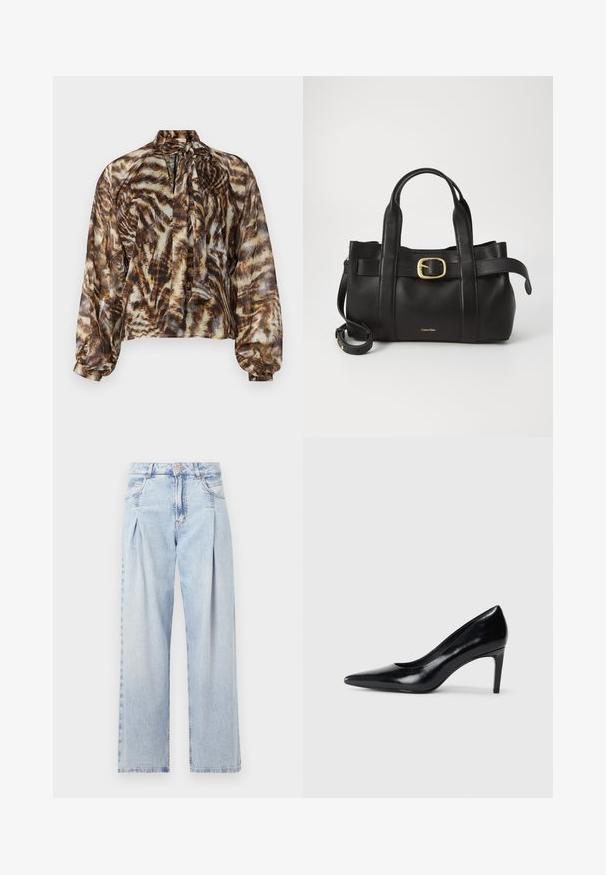 Transparante bruine blouse met een striknek, voorzien van een abstract dierenprintpatroon. Lange mouwen met gathered manchet, losse pasvorm en zachte textuur.; Lichtblauwe denim jeans met een hoge taille, wijde pijpen, twee zijzakken en geplooid ontwerp. Zachte textuur met een vervaagd uiterlijk.; Zwarte leren hoge hak met een spitse neus, een gladde textuur en een tapse hak. Minimalistisch ontwerp, geen extra versieringen.; Zwarte leren handtas met een gestructureerd ontwerp, dubbele handgrepen aan de bovenkant, een gouden gespaccent en een geperst merklogo aan de voorkant.