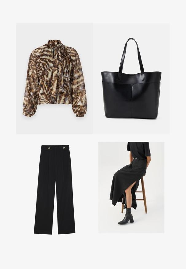 Sheer brown blouse with a tie neck, featuring an abstract animal print pattern. Long sleeves with gathered cuffs, loose fit, and soft texture.; Black wide-leg trousers with high waist, button details on waistband, and front pleats.; Black linen maxi skirt with a high slit, worn with a black t-shirt and black ankle boots. Minimalistic design with a relaxed fit.; Black leather tote bag with two long handles, a smooth texture, and a structured shape. Features a front pocket for additional storage.
