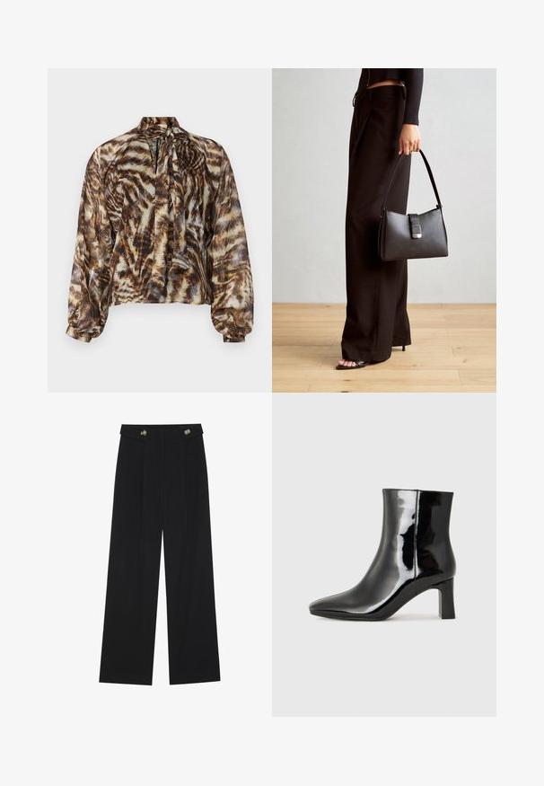 Permatomas rudas bluzonas su kaklo užrišimu, turintis abstrakčią gyvūnų raštą. Ilgos rankovės su sutrauktomis apykaklėmis, laisvas sijonų siluetas ir minkštas tekstūros pojūtis.; Juodi plačios kojos kelnės su aukštu liemeniu, sagų detalėmis ant liemens ir priekinėmis raukšlėmis.; Juodos lakuotos odinės aulinukės su smailiu pirštu ir vidutinio aukščio blokuotu kulnu. Lygus paviršius ir minimalistinis dizainas.; Juodas rankinė struktūrizuota forma, lygi tekstūra ir metalinis užsegimas. Suporuota su plačiomis juodomis kelnėmis ir atvirais bateliais ant medinių grindų.