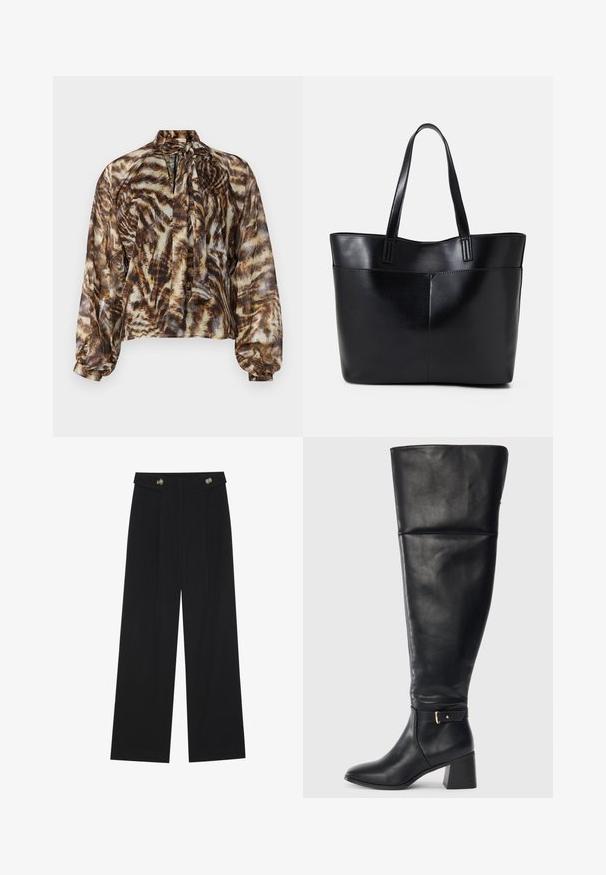 Prozirna smeđa bluzica s vezanom kragnom, koja se odlikuje apstraktnim uzorkom životinja. Dugi rukavi s naboranim manžetama, lagan kroj i mekani materijal.; Crne hlače širokih nogavica s visokim strukom, s dugmadi na pojasu i prednjim nabora.; Crne kožne čizme do koljena s blok petom i ukrasnom trakom s zlatnom kopčom iznad gležnja, bočni prikaz na bijeloj pozadini.; Crna kožna torba s dugim ručkama, glatkom teksturom i strukturiranim oblikom. Ima prednju džep za dodatno pohranu.