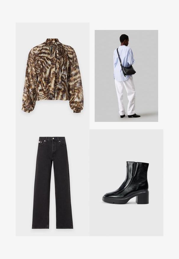 Bluză subțire de culoare brună cu guler legat, având un model de imprimeu animalier abstract. Mâneci lungi cu manșete strânse, croială lejeră și textură moale.; Jeanși negri cu picioare largi, fabricați din denim, cu talie înaltă, stil cu cinci buzunare și închidere cu nasture metalic, cu cusături contrastante.; Bocanci de gleznă din piele lacuită neagră, cu vârf curbat, panouri elastice pe laterale și toc bloc masiv. Prezintă un logo embosat pe spate.; Geantă de umăr din piele neagră cu o textură moale, formă triunghiulară și curea ajustabilă, asortată cu o bluză cu dungi albastre deschise și pantaloni albi.