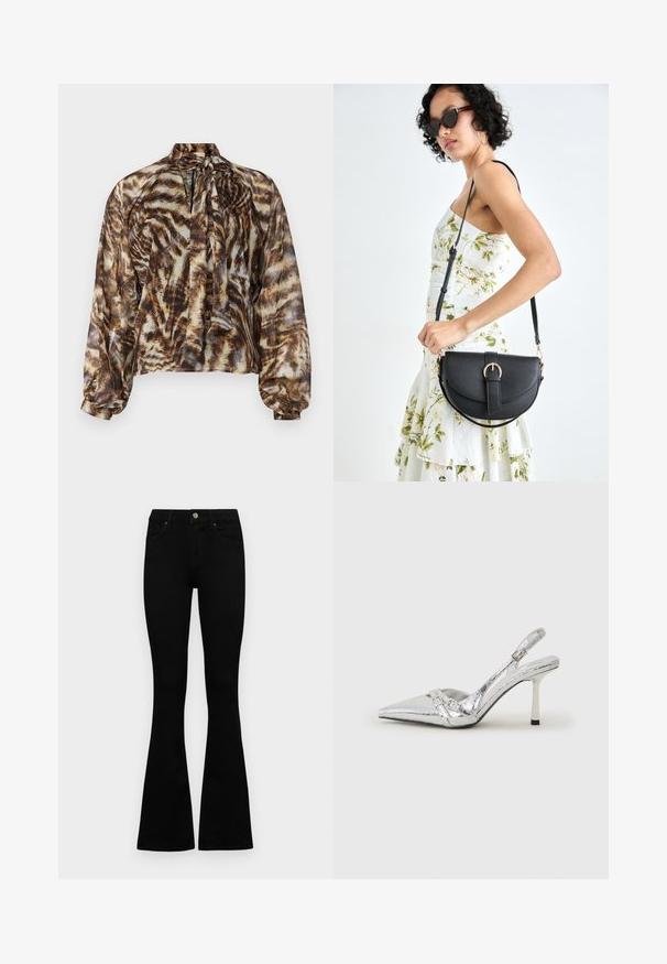 Gennemsigtig brun bluse med bindebånd, prydet med et abstrakt dyreprint mønster. Lange ærmer med samlede manchetter, løs pasform og blød tekstur.; Sorte højtaljede jeans med knap- og lynlåslukning, forlommer og flagrende ben, lagt fladt på en hvid baggrund.; Sølv slingback højhælet sko med spids tå, metallisk finish, to dekorative stropper og en slank hæl med sort spids.; Sort læderhåndtaske med en buet form, aftagelig rem og guldfinish. Tasken har en klap med en spænde detalje.