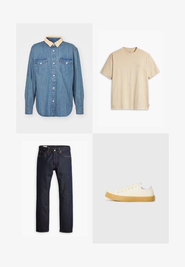 Camisa de ganga azul de mangas longas com colarinho bege, botões brancos, bolsos no peito com botão e etiqueta vermelha no bolso esquerdo.; T-shirt de algodão bege com decote redondo e mangas curtas. Apresenta um discreto logo "Levi's" na mesma cor no peito. Textura suave.; Jeans de ganga azul escuro com um design de perna reta, costura laranja e estilo de cinco bolsos, com fecho de botão metálico.; Sapatilhas de tela em off-white com biqueira redonda, apresentando solas de borracha bege e cinco ilhós para atacadores, acabamento texturizado na parte superior.
