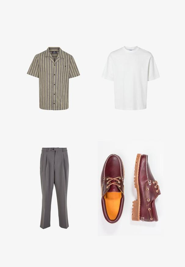 Krátky rukáv košele vo svetlobežovej farbe s námornícky modrými vertikálnymi pruhmi, s jednou náprsné vreckom, golierom a gombíkovým zapínaním.; Biele bavlnené tričko s krátkymi rukávmi, okrúhlym výstrihom a voľným strihom. Hladká textura bez viditeľných vzorov alebo akcentov.; Šedé skladané nohavice vyrobené z hladkej látky, s rovnými nohavicami, jedným gombíkom na zapínanie a pútkami na opasok. Minimalistický dizajn.; Bordové kožené topánky s hnedými gumovými podrážkami, okrúhlou špičkou, bielym prešívaním a zlatými kovaniami. Interiér má žlté podšívku.
