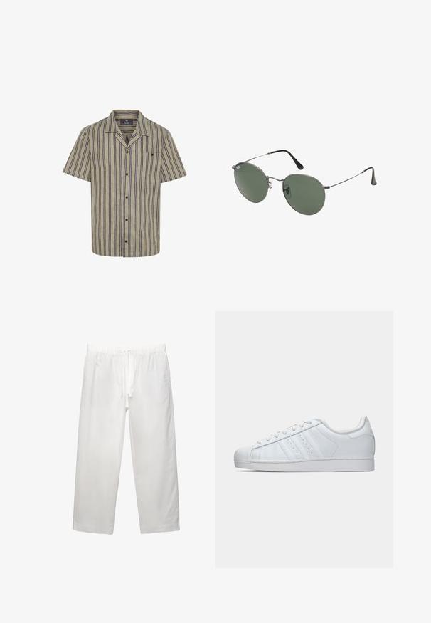 Cămașă cu mânecă scurtă, de culoare bej deschis, cu dungi verticale bleumarin, buzunar la piept, design cu guler și închidere cu nasturi.; Pantaloni albi din in, cu talie elastică și șnur, design cu picior larg și cusături curate. Textură netedă cu o croială casual.; Adidași din piele albă cu un capac din cauciuc texturat pe vârf, trei dungi pe lateral și un guler căptușit. Șireturi plate albe și un design minimalist.; Ochelari de soare cu ramă metalică, dotati cu lentile ovale verzi. Ramă subțire din metal argintiu și ușițe negre. Design minimalist, fără logo-uri vizibile.