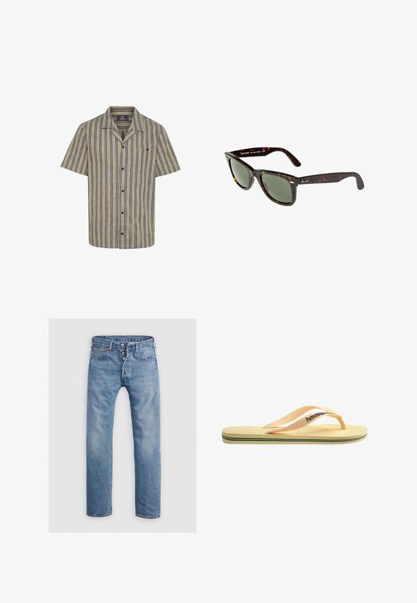 Lyhytnukkainen paita vaaleanbeigessä, jossa on tummansinisiä pystyraitoja, yksittäinen rintatasku, kauluspaita-malli ja nappisulku.; Vaaleansiniset farkut suoralla lahkeella, viidellä taskulla ja nappisuljennalla. Ominaisuuksiin kuuluu hienovarainen haalistuminen ja sauman yksityiskohtia.; Keltainen kuminen flip-flop, jossa on teksturoitu pohja, ohuet hihnat ja moniväriset raidat pohjassa. Brändilogo hihnassa.; Wayfarer-aurinkolasit, joissa on tumman kilpikonnakuoren muovireunus, vihreät linssit ja hopeinen Ray-Ban-logo tempuressä.