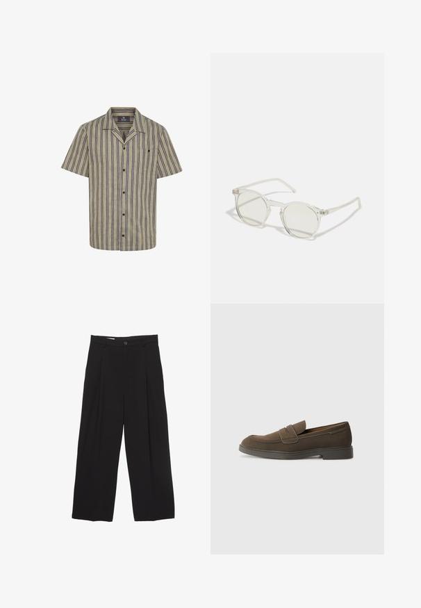 Košulja kratkih rukava svijetlo bež boje s tamnoplavim vertikalnim prugama, s jednim džepom na prsima, s ovratnikom i dugmadima.; Crne široke hlače od glatkog materijala, s ravnim pojasom, prednjim nabranim detaljima i zatvaranjem na jedan gumb.; Smeđi antilop mokasini s округлим nosom, trakom preko gornjeg dela, i ravnim gumiranim đonom. Jednostavan dizajn s čistim linijama i minimalnim detaljima.; Okrugle sunčane naočale s transparentnim okvirom, svjetlozelenim staklima i tankim, prozirnim krakovima. Imaju suptilne metalne akcenti na okviru.