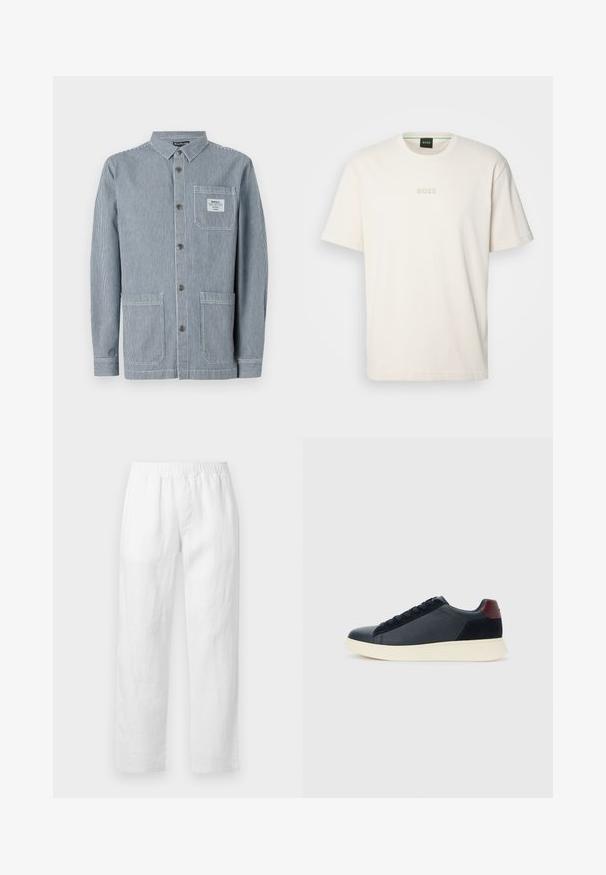 Jaqueta de trabalho riscada em azul com fecho frontal por botões, duas bolsos frontais e um bolso de chapa no peito com um rótulo. Material misto de algodão.; BOSS TEE - T-shirt básica - open white; Calças de linho branco com cintura elástica, corte reto e textura suave, sem padrões visíveis ou detalhes de ferragens.; Sapatilha baixa masculina em couro preto e camurça com aba de calcanhar em amarelo-escuro e sola de borracha branca, vista do lado exterior.