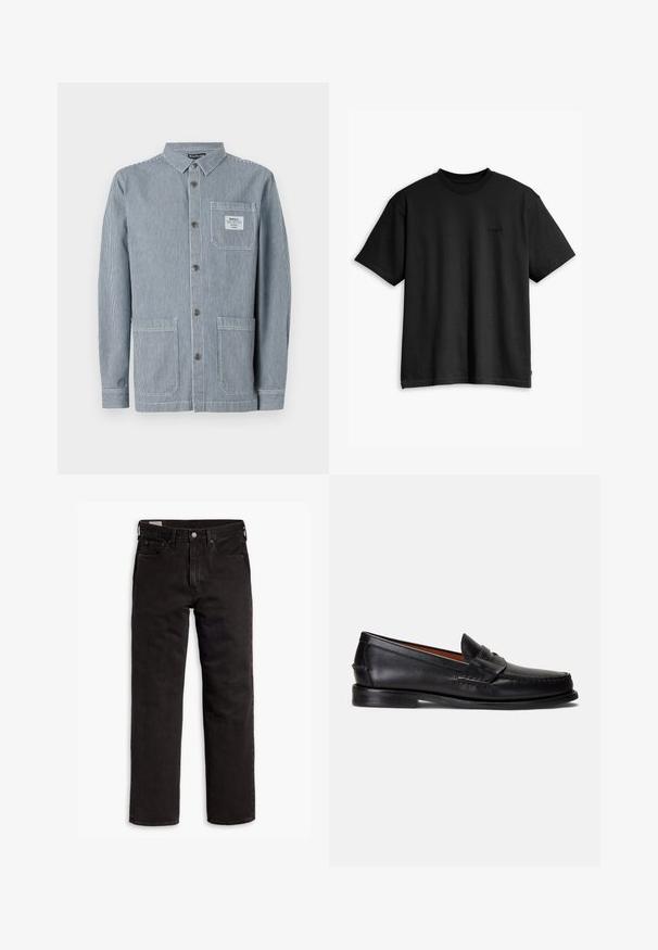 Jaqueta de trabalho riscada em azul com fecho frontal por botões, duas bolsos frontais e um bolso de chapa no peito com um rótulo. Material misto de algodão.; T-shirt preto de algodão com decote redondo e mangas curtas. Apresenta um logo discreto na parte da frente e uma barra reta. Design simples e minimalista.; Jeans de denim pretos de perna reta com cinco bolsos, fecho de botão e passantes para cinto, dispostos em uma superfície branca.; Mocassins de couro preto com acabamento liso, bico arredondado e uma faixa decorativa na parte superior. Apresentam uma sola preta baixa.