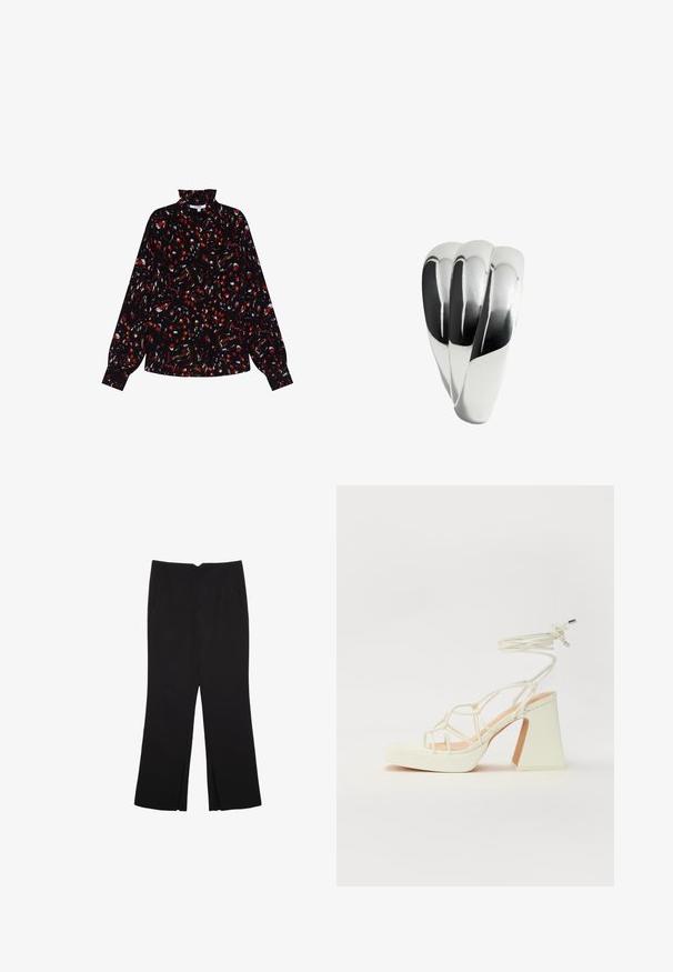 Blouse noire à manches longues avec un motif abstrait rouge et blanc, col haut, coupe décontractée et tissu texturé.; Pantalon noir avec une coupe droite, doté de poches avant et d'éclairs sur l'ourlet. Fabriqué en tissu doux et lisse. Convient à diverses occasions.; Sandale blanche à talons hauts avec un talon épais, présentant un design à lanières et un lien autour de la cheville. Texture lisse avec une plateforme à l'avant pour une hauteur supplémentaire.; Bague en métal avec une finition argentée polie, présentant trois sections courbées entrelacées créant un design harmonieux et cohérent.