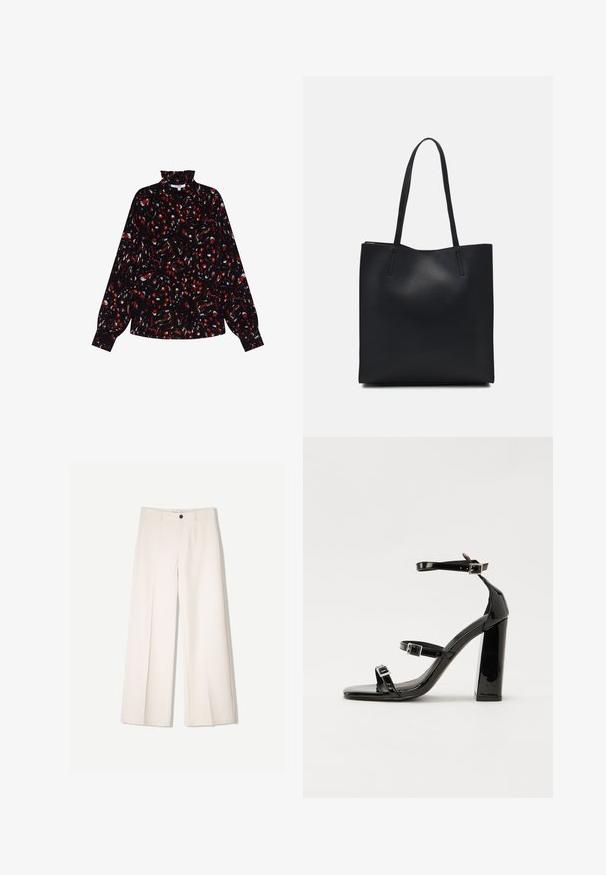 Zwarte blouse met lange mouwen, met een abstract patroon in rood en wit, hoge hals, losse pasvorm en textuurstof.; Crème brede broek met een tailored ontwerp, voorzien van twee voorzakken en een enkele sluiting met een knop aan de voorkant, gemaakt van een gladde stof.; Zwarte gepatenteerde sandalen met hak en een vierkante neus, enkelbandjes en zilveren gespen. Heeft een stevige blokhak voor stabiliteit.; Zwarte leren handtas met een gladde textuur, rechthoekige vorm en twee lange handvaten. Geen zichtbare hardware of versieringen.