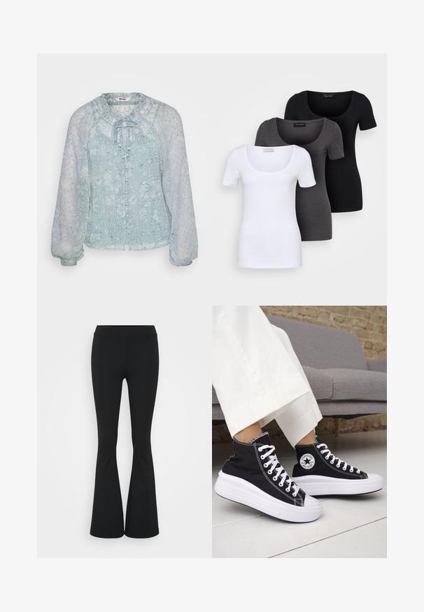 Blusa azzurro chiaro realizzata in tessuto trasparente con motivi floreali, scollatura arricciata, chiusura con fiocco e maniche lunghe a sbuffo.; Tre T-shirt aderenti in bianco, grigio e nero. Ognuna presenta un ampio scollo a barca e maniche corte. Realizzate in un tessuto morbido e elastico.; Pantaloni neri a zampa d'elefante realizzati in tessuto elasticizzato, con una vita alta e una superficie liscia. I pantaloni si allargano a partire dal ginocchio.; Sneakers nere alte con suole e lacci in gomma bianca. Presentano una toppa con logo rotondo e cuciture a contrasto bianche. Materiale in tela.