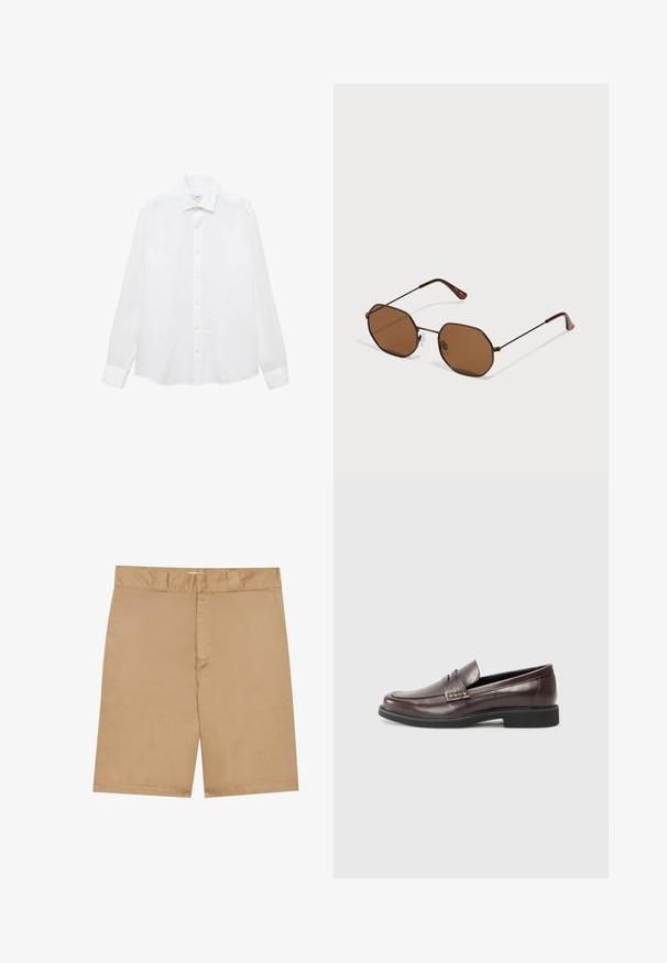 Biała koszula z długim rękawem wykonana z bawełny. Posiada kołnierzyk zapinany na guziki, guziki z przodu oraz prosty dół. Brak wzorów lub akcentów.; Khaki szorty z płaskim paskiem w talii, zamkiem z przodu i bocznymi kieszeniami; wykonane z gładkiego, lekkiego materiału o subtelnej teksturze.; Brązowe skórzane mokasyny o gładkim wykończeniu, z delikatnym przeszyciem na cholewce i czarną gumową podeszwą.; Brązowe ośmiokątne okulary przeciwsłoneczne z cienkimi, ciemnymi metalowymi oprawkami, regulowanymi noskami i brązowymi przyciemnionymi soczewkami; zauszniki mają pomarańczowy akcent.
