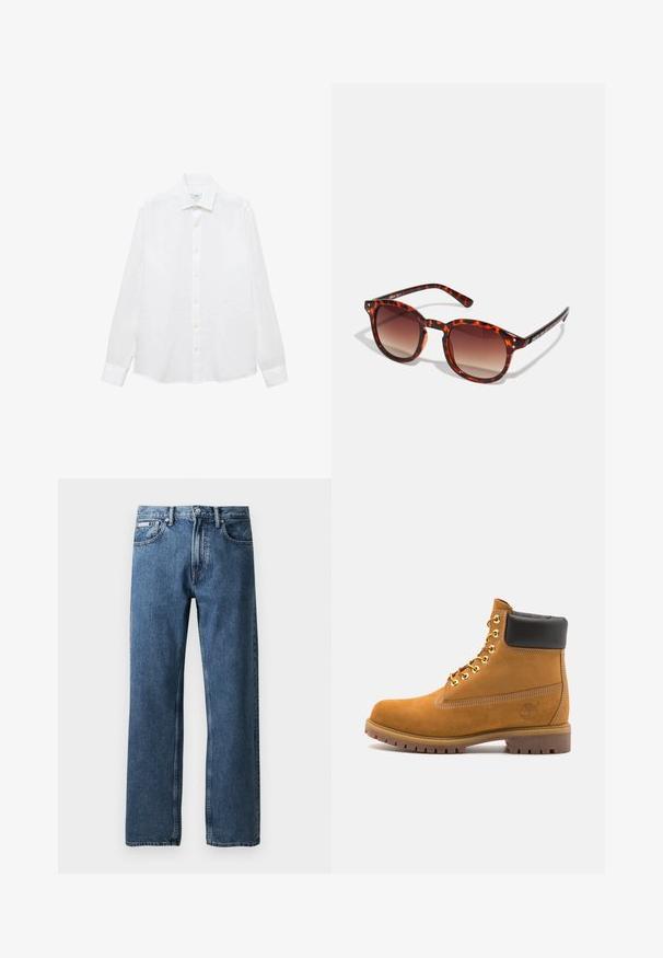 Camicia bianca a maniche lunghe in cotone. Caratterizzata da un colletto a bottoni, bottoni frontali e orlo dritto. Nessun motivo o decorazione.; Jeans in denim blu a gamba dritta con vita alta, chiusura a bottone e zip, tasche frontali e un piccolo etichetta bianca del marchio sulla tasca destra.; Stivale alla caviglia in suede tan con collare imbottito nero, occhielli in metallo dorato, dettagli in cucitura bianca e suola in gomma robusta con battistrada pronunciato.; Occhiali da sole tartaruga con lenti sfumate marroni, forma rotonda e dettagli neri sulle astine; presenta due piccoli rivetti metallici vicino alle lenti.