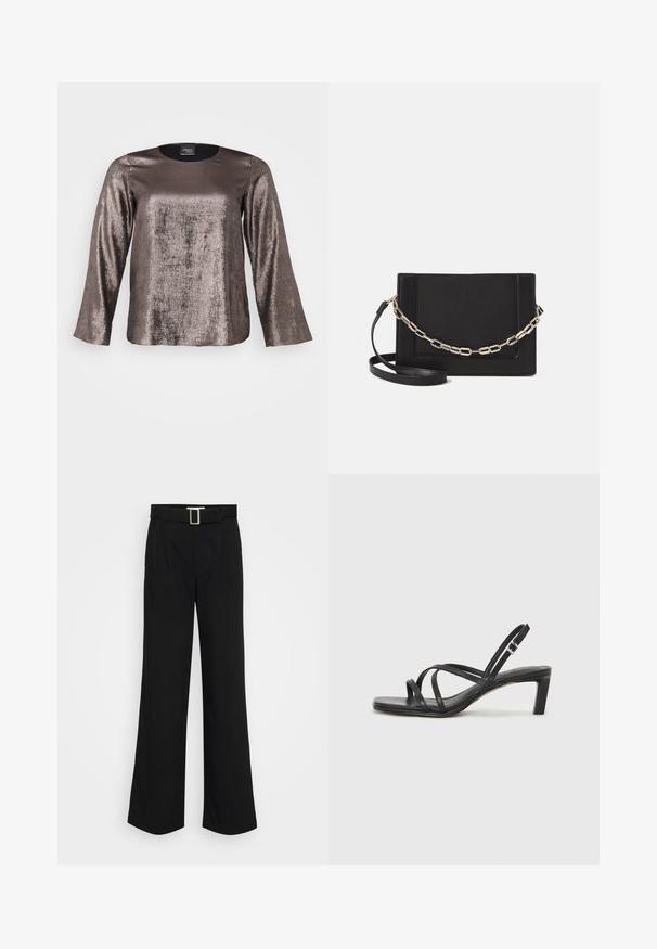 Metalni brončani dugog rukava majica s okruglim izrezom, glatke teksture i lepršave siluete. Suptilni sjaj kroz cijeli materijal.; Crne široke hlače od laganog materijala, s glatkom teksturom, prednjim plisiranim detaljima i remenom sa kvadratnom metalnom kopčom.; Crne sandale s trakama, kvadratnim prstom i niskom blok petom. Ima više tankih trakica i podesivu trakicu oko gležnja. Izrađene su od glatke kože.; Crna kožna torba preko tijela s glatkom teksturom, pravokutnim oblikom i metalnim lancem na prednjoj strani. Uključena je podesiva naramenica.