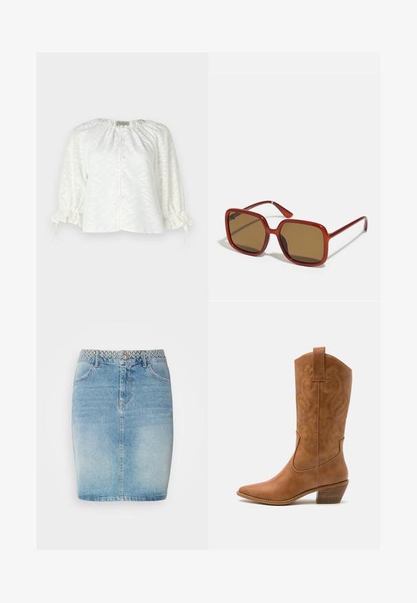 Balta bluzė su tekstūruotu lapų raštu, apvaliu iškirpimu, mygtukais priekyje ir elastinėmis, susiraukšlėjusiomis rankovėmis su užtrauktuku.; Šviesiai mėlynas džinsinis sijonas su prigludusia forma, kuris turi dekoratyvų modeliuotą juosmenį, priekinėmis kišenėmis ir šiek tiek išblukimu, suteikiančiu papildomą tekstūrą.; Ruda odinė kantri batai su smailiu būtų pirštu, siuvinėtais spiralės raštais ant viršaus ir su kamščiu blokuotu kulnu. Yra tamprių užtraukių, kad būtų lengviau užsidėti.; Raudonos kvadratinės saulės akinių su rudi tonuoti lęšiai. Stori, blizgantys rėmeliai ir plonos kojos su nedideliais detalizavimais šonuose, kad būtų vizualiai patrauklu.