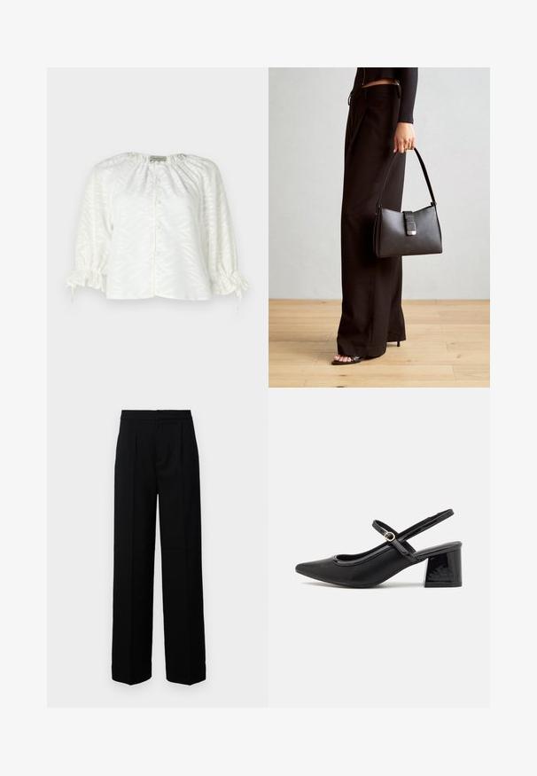 Valkoinen pusero, jossa on teksturoitu lehden kuvio, pyöreä pääntie, napitettu etuosa ja elastiset, kokoon kerätty hihat, joissa on nyörikiinnitykset.; Mustat leveälahkeiset housut, joissa on sileä tekstuuri. Housuissa on litteä etuosuus, laskokset ja muotoiltu vyötärö. Ei näkyvää metalliosaa tai kuvioita.; Musta lakattu nahka slingback-korkokengät, joissa on terävä kärki, pyöreä aukko-muotoilu ja lohkokorko. Varustettu kultasävyisellä solkiyksityiskohdalla.; Musta käsilaukku, jossa on rakenteellinen muoto, sileä pinta ja metallinen solki. Yhdistetty leveisiin mustiin housuihin ja avonaiheisiin sandaaleihin puulattialla.