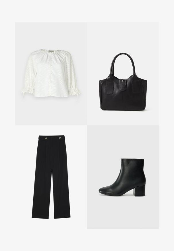 Bijela bluza s teksturiranim uzorkom lišća, okruglim izrezom, kopčanjem naprijed i elastičnim, nabranim rukavima s vezicama.; Crne hlače širokih nogavica s visokim strukom, s dugmadi na pojasu i prednjim nabora.; Crne kožne čizme do članaka s uskim vrhom i debelim potplatom. Glatka tekstura s minimalnim detaljima i elegantan, prilagođen dizajn.; Crna kožna torba za nošenje s glatkom teksturom, strukturiranim oblikom, dvije ručke i istaknutim srebrnim kopčanjem na prednjoj strani.