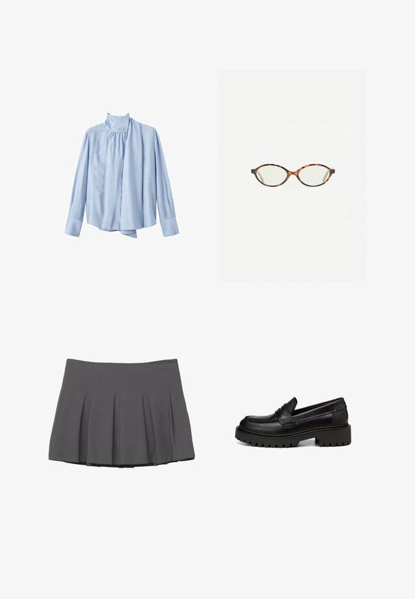 Bluză lungă cu mânecă lungă, de culoare albastră deschisă, realizată dintr-un material neted. Prezintă un guler înalt și un accent de eșarfă drapată în partea din față. Mansete cu nasturi.; Fustă plisată gri cu o textură netedă, având detalii cusute și o talie ajustată, terminându-se la lungimea de mijloc a coapsei.; Marc O'Polo LOAFER MIT ROBUSTER PROFIL - Pantofi slip-on - black; Ochelari cu ramă din tartan, cu lentile ovale și un finisaj elegant, neted. Prezintă margini subțiri cu o curbură subtilă la tâmple. Lentile clare.