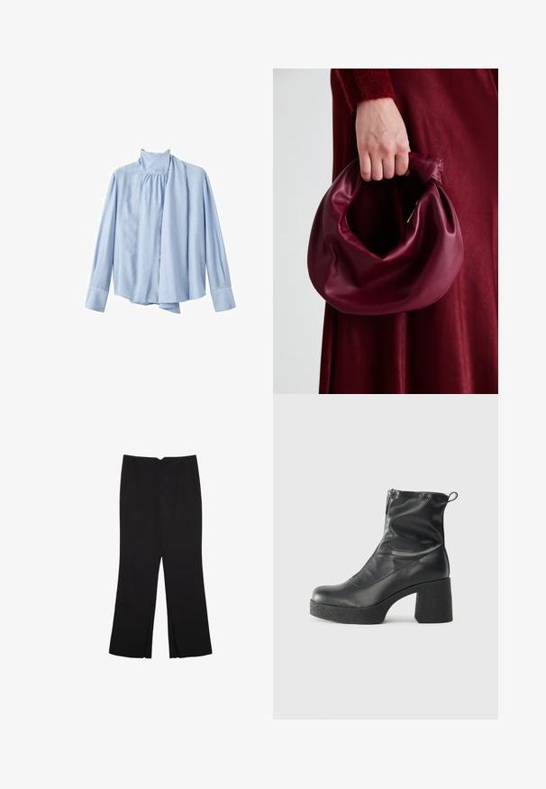 Himmelblausa langärmlige Bluse aus glattem Stoff. Verfügt über einen hohen Kragen und eine drapierte Schal-Akzent auf der Vorderseite. Mit Knopfmanschetten.; Schwarze Hose mit geradem Schnitt, ausgestattet mit Fronttaschen und Seitenschlitzen am Saum. Hergestellt aus weichem, glattem Stoff. Geeignet für verschiedene Anlässe.; Schwarze Stiefeletten aus glattem Leder mit seitlichem Reißverschluss, klobigem strukturiertem Absatz und runder Zehenform.; Burgunderleder-Handtasche mit einem weichen, gerafften Design und einer gerundeten Form. Der Griff ist gesichert und zeigt eine glatte Textur.