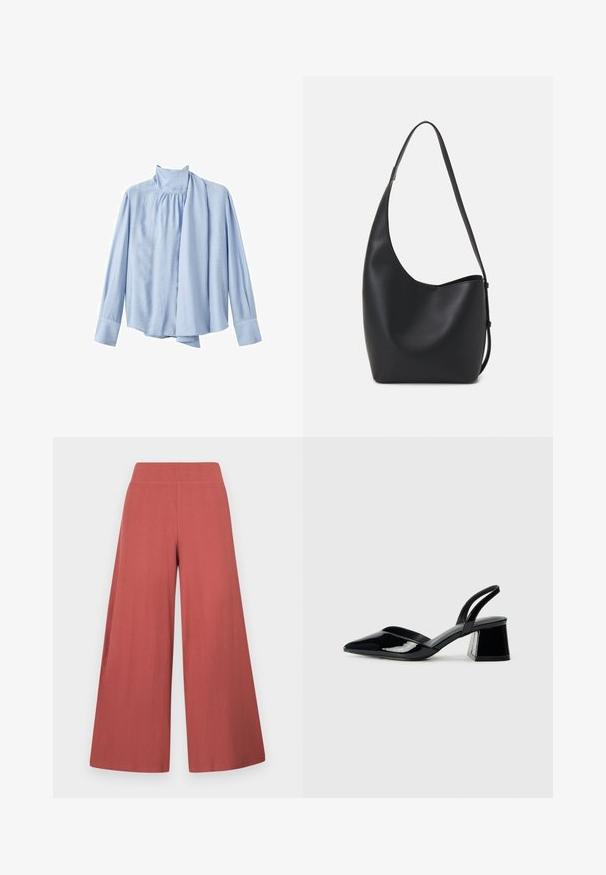 Light blue long-sleeve blouse made of smooth fabric. Features a high collar and a draped scarf accent on the front. Buttoned cuffs.; Wide-leg trousers in a rust color, made from textured fabric with vertical ribbing. Features a high, elastic waistband.; Black patent leather slingback heels with a pointed toe and a geometric block heel. Features a sleek, minimal design and smooth texture.; Black leather hobo bag with a smooth texture, curved shape, and single adjustable strap; features a wide opening at the top.