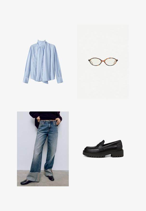 Light blue long-sleeve blouse made of smooth fabric. Features a high collar and a draped scarf accent on the front. Buttoned cuffs.; Light blue denim wide-leg jeans with frayed hems, featuring contrasting stitching and a relaxed fit. Paired with dark flat shoes.; Marc O'Polo LOAFER MIT ROBUSTER PROFIL - Slip-ons - black; Tortoiseshell eyeglasses with oval lenses and a sleek, smooth finish. Features thin sides with a subtle curve at the temples. Clear lenses.