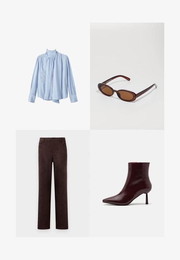 Svetlo modrá blúzka s dlhým rukávom vyrobená z hladkej látky. Má vysoký golier a predný drapovaný šálový detail. Manžety na gombíky.; Rovné nohavice z tmavo hnedého semišu so zapínaním na prednom gombíku a zips, pútka na opasok a bočné vrecká.; Burgundské lakované kozačky po členky s špicatou špičkou a štíhlým stiletto podpätkom, s hladkou, lesklou textúrou a minimalistickým dizajnom.; Okrúhle slnečné okuliare s hnedým nádychom a lesklým burgundským rámom. Úzke ramená s jemným brandovaním. Plochej šošovky dizajn.; Tkaná bordová kabelka s zaobleným tvarom a jedným uchom, so štruktúrovaným povrchom a elastickým sťahovaním na zavretie.