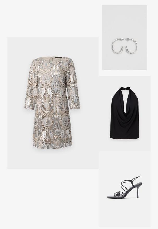 Top halter negru cu decolteu adânc, realizat dintr-un material moale. Are un închizător la spate și un design drapat pentru o textură suplimentară.; Rochie bej cu un detaliu intricată de dantelă florală argintie, mâneci trei sferturi, decolteu rotund și închidere la spate cu fermoar. Detaliu de design texturat.; Sandale negre cu toc înalt au curele subțiri cu un design legat, un vârf pătrat neted și un toc stiletto elegant.; Geantă metalică gri deschis, cu un strap din lanț, decorată cu mici ținte circulare metalice și un logo de marcă triangular.; Cercei creole din argint cu suprafață netedă și lucioasă, având o formă curbată și închidere cu tija. Design minimalist cu un finisaj modern.