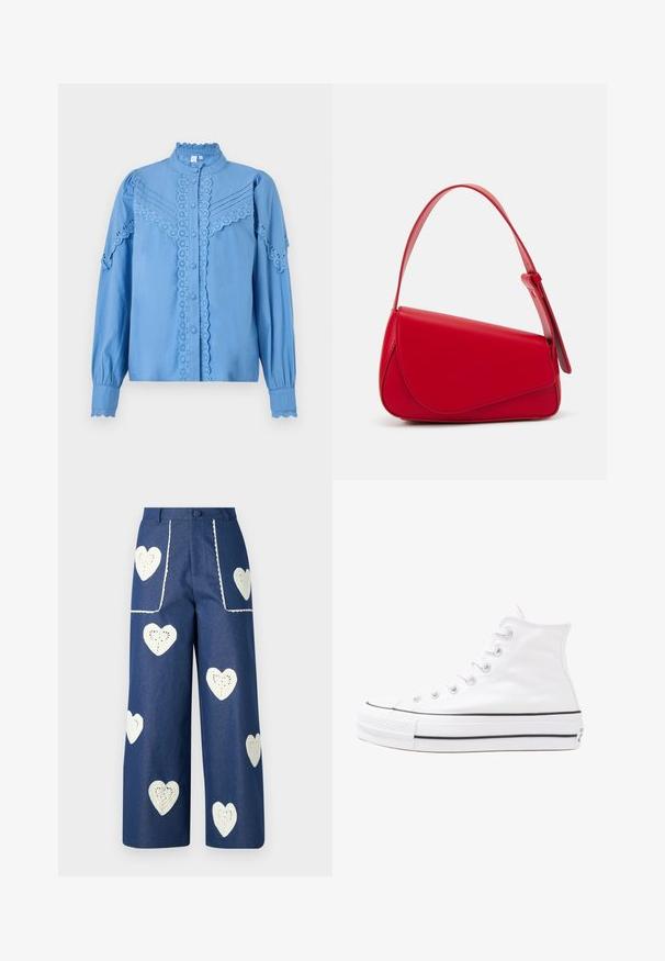 Camisa de botão azul clara com detalhes em renda, gola alta e mangas estruturadas. Apresenta bordas onduladas e detalhes plissados.; Sister Jane HEART TO HEART - Calças de ganga de perna direita - blue denim; Sapatilha alta de tela branca com sola de borracha preta, bico de borracha na frente e seis ilhós para os atacadores, apresentando um design limpo e minimalista.; Bolsa de mão em couro vermelho com um design angular e geométrico. Apresenta uma única alça ajustável e um fecho com aba, com detalhes cosidos.