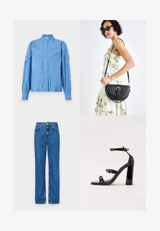 Šviesiai mėlynas marškinėliai su nėrinių akcentais, aukšta apykakle ir struktūruotomis rankovėmis. Yra banguotais kraštais ir raukšlėtą detales.; Mėlynos džinsinės kelnes su aukštu liemeniu, tiesiais šlaunų siluetais, baltais siūlų akcentais ir klasikiniais mygtukais liemens srityje.; Juoda blizgi lakuota basutė su kvadratiniu pirštu, kulkšnies dirželiais ir sidabro sagtimis. Yra tvirta blokinė kulno konstrukcija, užtikrinanti stabilumą.; Juodas odinis krepšys su išlenkta forma, nuimamu dirželiu ir auksiniais detalėmis. Krepšys turi kilpą su sagtimi.