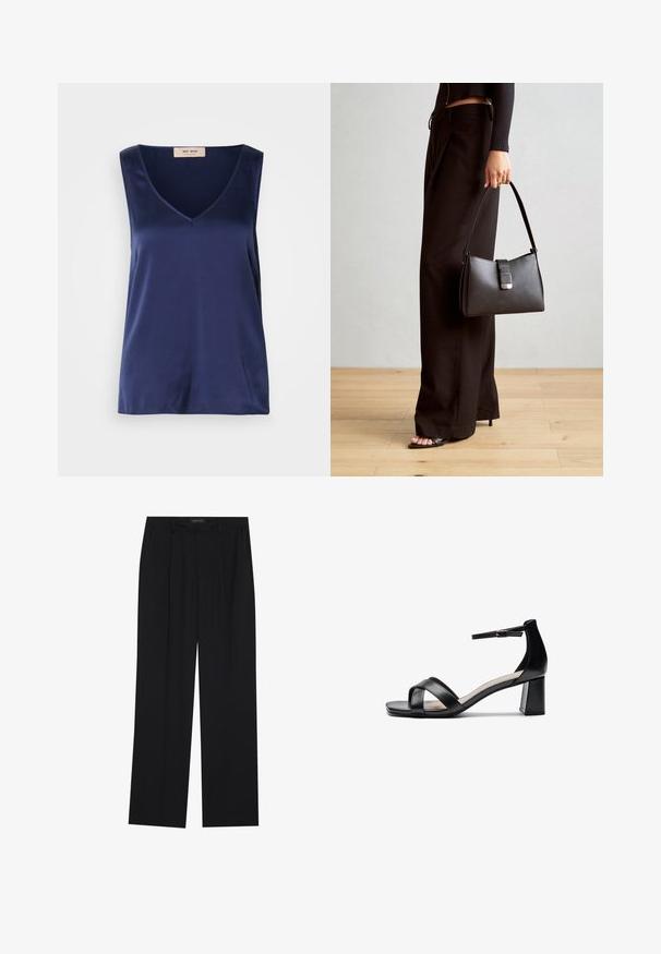 Mørkeblå ermeløs topp med V-halsdesign, laget av glatt stoff, uten mønstre eller detaljer, med rett kant.; Sorte bukser med rette ben, som har to frontlommer og en talje. Laget av et glatt, lett stoff.; Sorte åpen tå hælsandal med kryssede stropper, justerbar ankelstropp og kraftig hæl, med en jevn lærtekstur.; Svart håndveske med strukturert form, jevn tekstur og metallisk lås. Kombinert med brede svarte bukser og sandaler med åpen tå på tregulv.