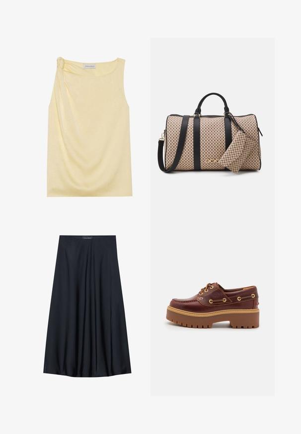 Top brez rokavov v rumeni barvi z teksturiranim videzom in nabranim stranskim detajlom. Mehak material in sproščen kroj, z ravnim robom.; Črna krila do kolen, izdelana iz lahkotnega blaga s sproščenim dizajnom. Ima gladko teksturo in subtilne gube za dodatne podrobnosti.; Rjavi usnjeni čolnar s debelim rjavim gumijastim podplatom, zlatimi luknjicami in kontrastnim šivom. Ima logotip na strani.; Nahrbtnik z bež vzorčasto zunanjostjo, črnimi usnjenimi trakovi, zlatimi dodatki in majhnim ujemajočim se etuijem pritrjenim na njem. Strukturna zasnova.; Zlato obarvana pravokotna ročna ura z belo številčnico, srebrnimi kazalci in trdno kovinsko zapestnico. Vključena je vodoodporna funkcija.