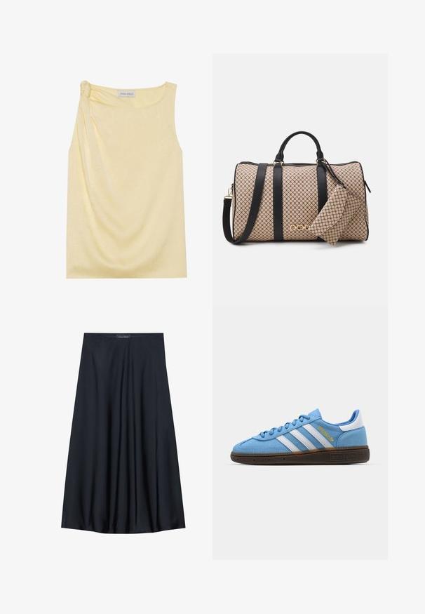 Bezramenný žlutý top s texturovaným povrchem a nařaseným detailem na boku. Měkká tkanina a volný střih, zakončený rovým lemem.; Černá sukně ke kolenům vyrobená z lehké tkaniny s volným designem. Má hladký povrch a jemné sklady pro přidaný detail.; Světle modré semišové tenisky s bílými koženými pruhy, hnědou texturovanou podrážkou a zlatým logem. Nízký design s zaoblenou špičkou.; Sportovní taška s béžovým vzorovaným povrchem, černými koženými popruhy, zlatými kovovými detaily a malou odpovídající taštičkou připevněnou z boku. Strukturovaný design.; Zlatý obdélníkový náramkový hodin s bílým ciferníkem, stříbrnými indexy a odolným kovovým náramkem. Obsahuje voděodolnou funkci.