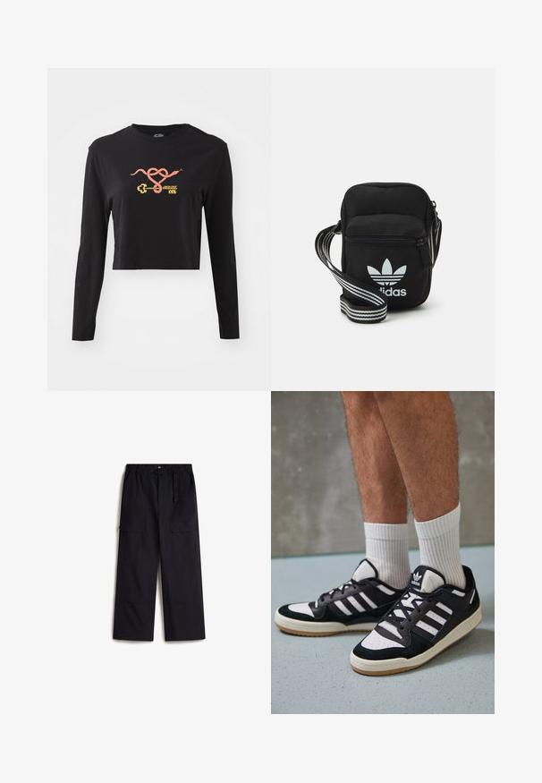 Zwarte lange mouwen crop top van katoen. Voorzien van een kleurrrafische weergave van een slang en een sleutel aan de voorkant. Eenvoudig ontwerp met ronde hals.; Zwarte cargobroek met een elastische tailleband, verstelbare riem en twee zijzakken. Gemaakt van een lichtgewicht, gestructureerde stof.; Zwart-witte sneakers met een bovenwerk van suede en leer, voorzien van drie witte strepen, een geperforeerde neus en een rubberen gumzool.; Zwarte stoffen schoudertas met een ritssluiting, voorzien van een wit Adidas-logo en een gestreepte, verstelbare schouderband voor gemakkelijk dragen.