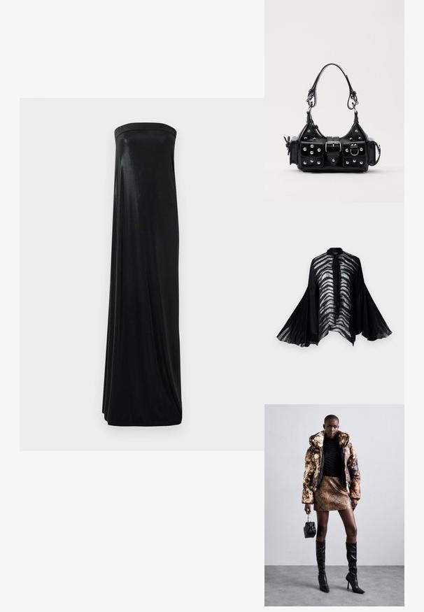 Juodas permatomas kimono su plačiomis varpų formos rankovėmis, su sidabrinėmis juostelėmis priekyje ir elegantiška kaklo raišteliu.; Juoda maxi suknelė be petnešėlių, pagaminta iš glotnaus, blizgaus audinio. Suknelė turi prigludusią viršūnę ir laisvą siluetą, siekiantį grindis, be jokių puošmenų.; Pūkuotas džemperis su rudos ir juodos spalvų raštu, derinamas su rudą gyvatės rašto mini sijonu, juodais ilgaauliais batais iki kelių ir mažyte juoda rankine.; Juodas odinis rankinukas su kreiviu dizainu, su sidabro spalvos knopkėmis, užsegimu ir dviem šoninėmis kišenėmis. Reguliuojama dirželis nešimui.