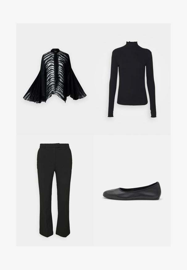 Black sheer kimono with wide bell sleeves, featuring silver-striped design along the front and elegant neck tie detail.; Black long-sleeve turtleneck top made of smooth fabric, featuring a ruffled neck and fitted silhouette with simple edges.; Black tailored pants with a straight-leg design, featuring belt loops and side pockets. Made from smooth fabric with a clean finish.; Black leather ballet flat with a rounded toe, smooth texture, minimal stitching detail, and a flexible sole design.