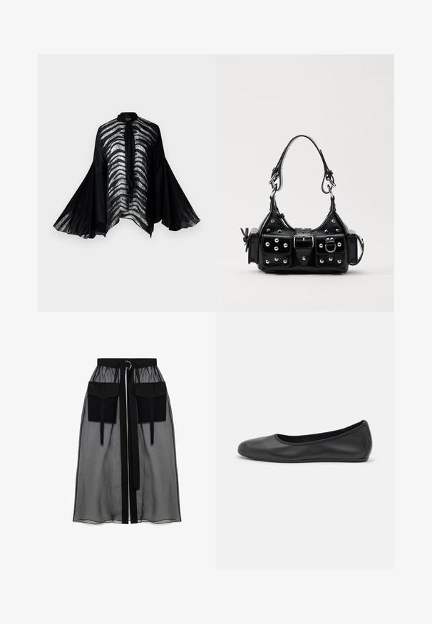 Fekete, áttetsző kimonó széles harangujjakkal, ezüstcsíkos mintázattal az elején és elegáns nyakkendő részlettel.; Egyszerű, fekete, bordázott, egyvállas ujjatlan felső, testhez simuló fazonnal és puha textúrával. Tiszta, minimalista szabás és sima nyakkivágás jellemzi.; Fekete áttetsző szoknya ráncolt derékrésszel, két nagy elülső zsebbel, derékpánttal és kör alakú fém díszítéssel.; Fekete bőr balettcipő lekerekített orral, sima tekstúrával, minimális varrással és rugalmas talp kialakítással.; Fekete bőr kézitáska ívelt designnal, ezüst szegecsekkel, csattal és két oldalsó zsebbel. Állítható vállpánt a hordozási lehetőségekhez.